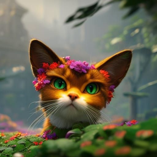 Cat Amongst Flowers: Digital Art in 3D Style