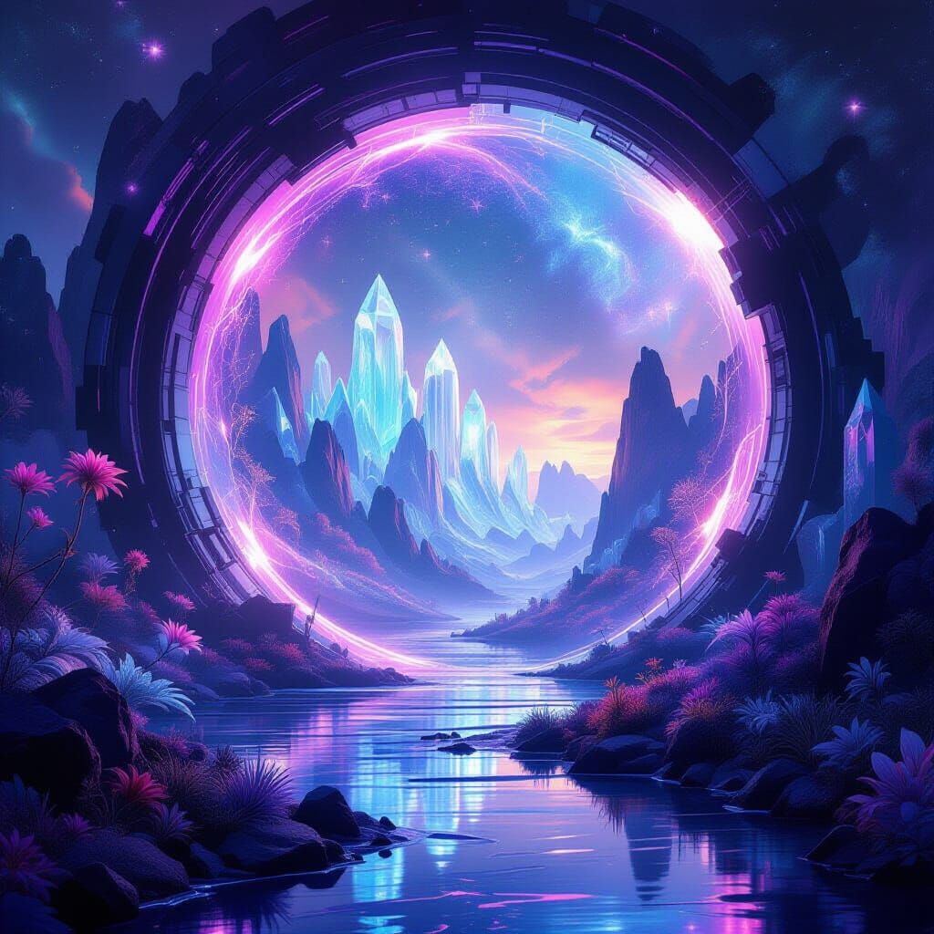 Mystical Crystalline Landscape Through Cosmic Portal