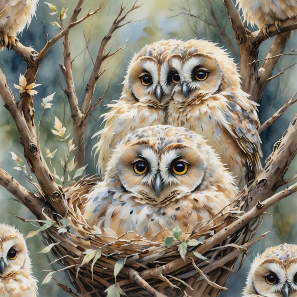 Baby Owls in Nest, Pastel Watercolor Painting