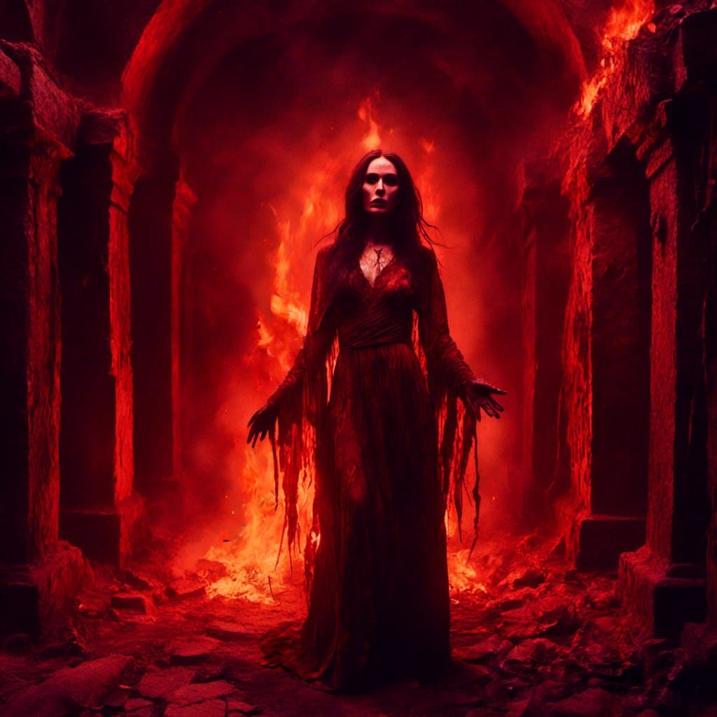 Melisandre in Burning Temple: Dark Fantasy Art