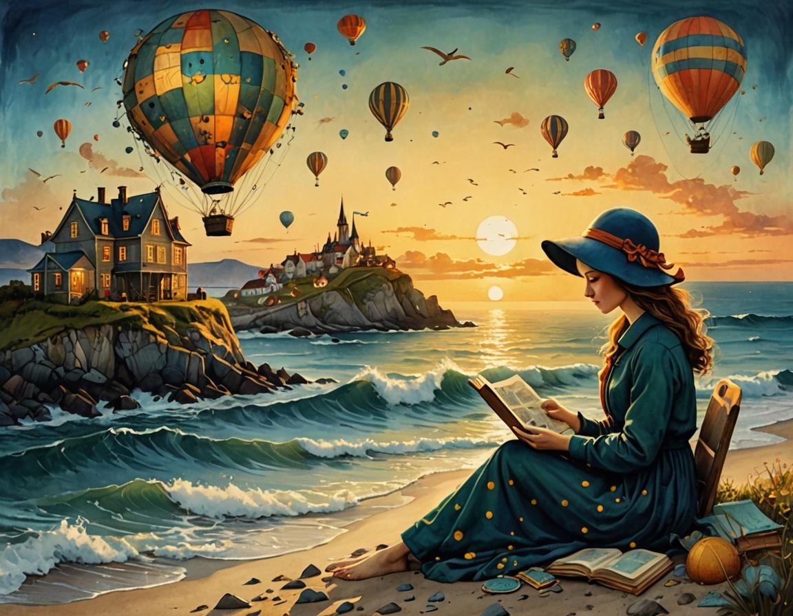 Surreal Seaside Sunset Painting in Watercolor Style