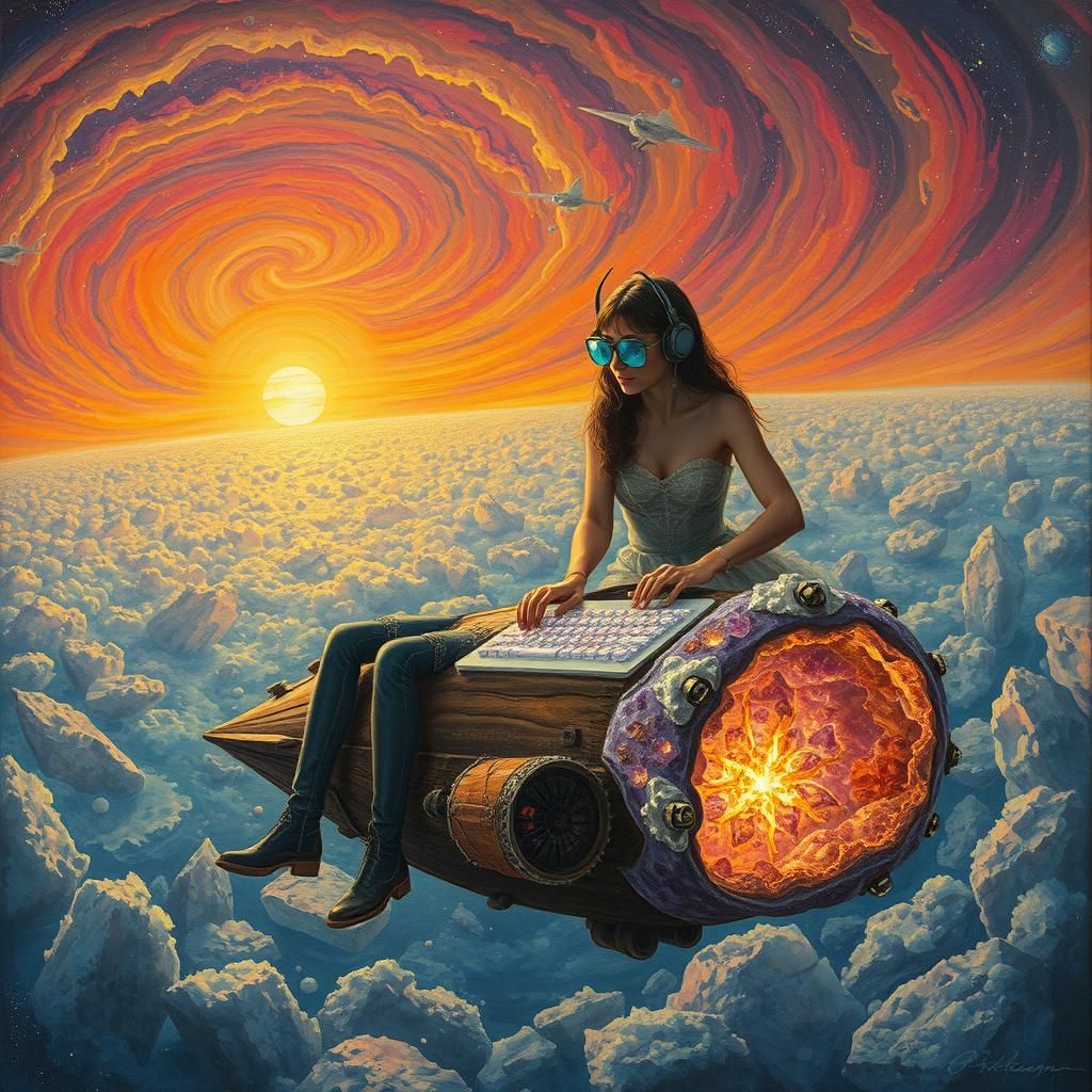 Ethereal Figures Sailing a Sunset Galaxy