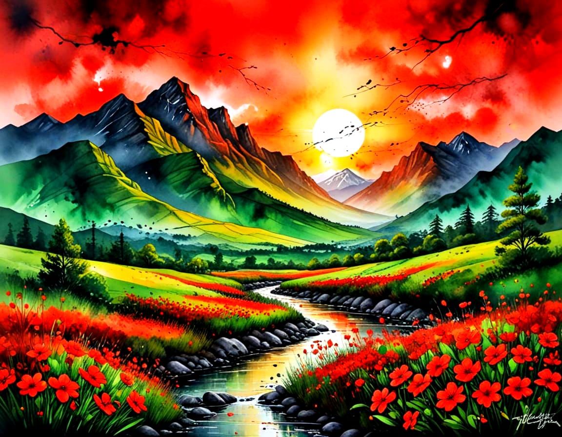 A beautiful landscape with two main colour red and green,