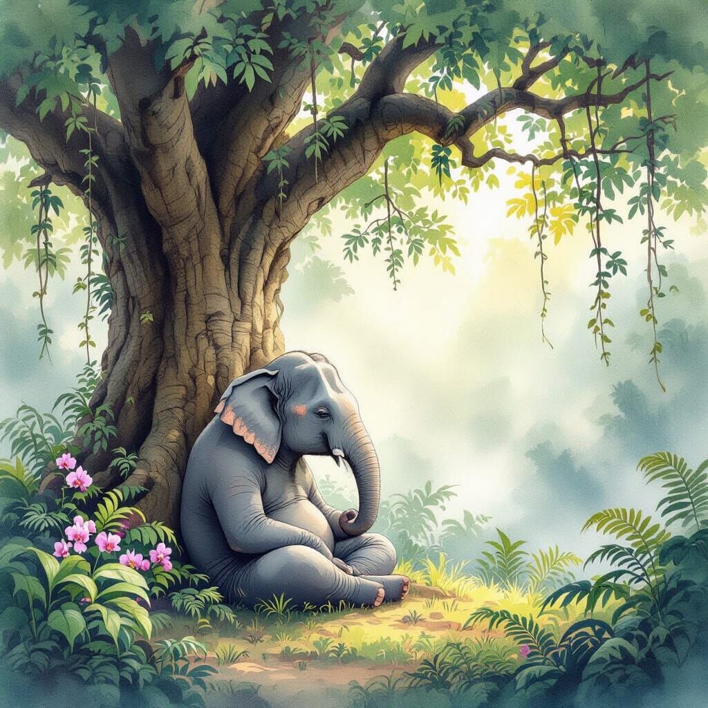 Elephant Meditation in Jungle, Watercolor Style