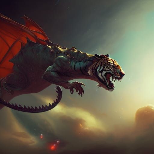 Tiger Riding Dragon in Space: Dark Fantasy Art