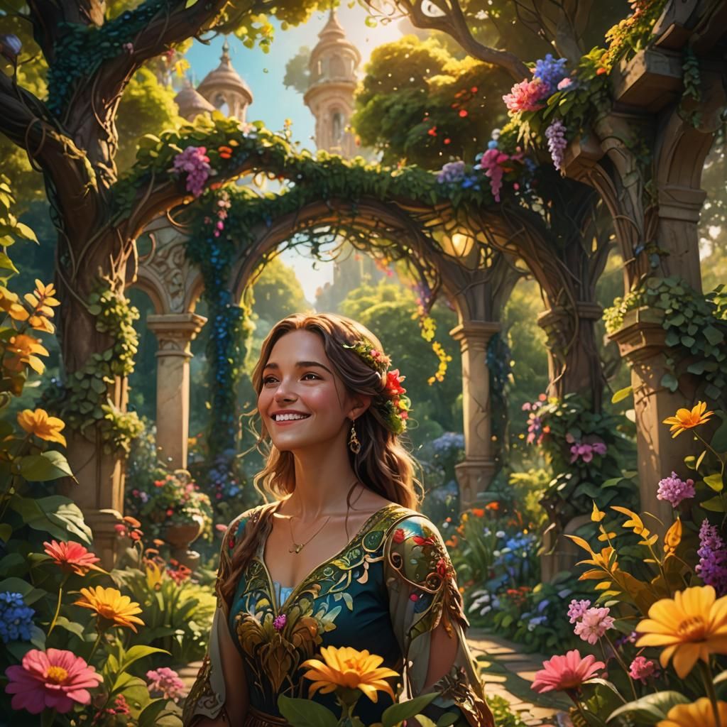 Smiling Woman in Lush Fantasy Garden