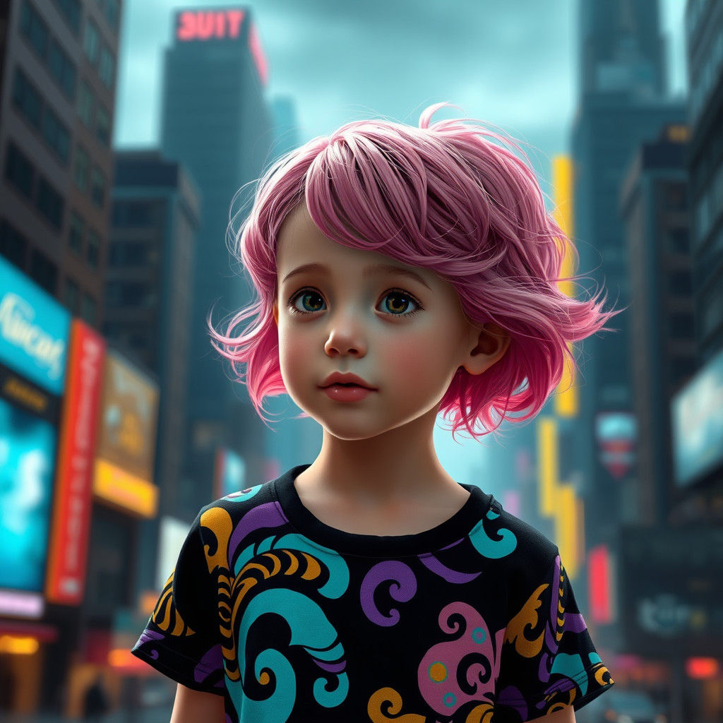 Pink-Haired Girl in a Detailed Cityscape, Fantasy Art