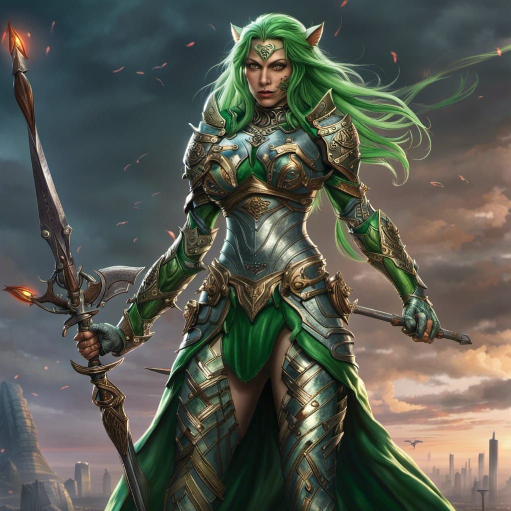 Green-Armored Tiger Woman Warrior Concept Art