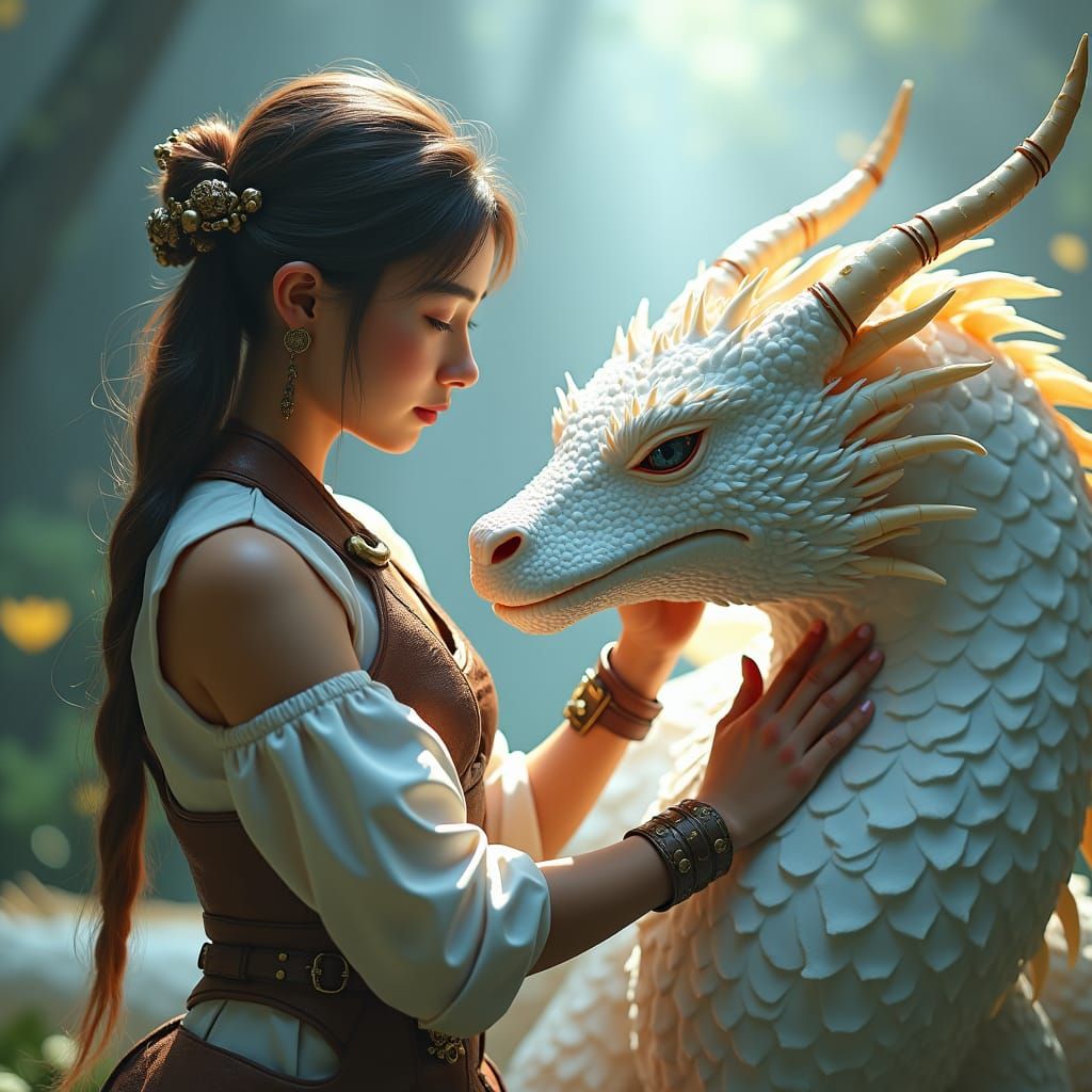 Woman Petting Dragon in Mystical Fantasy Realm