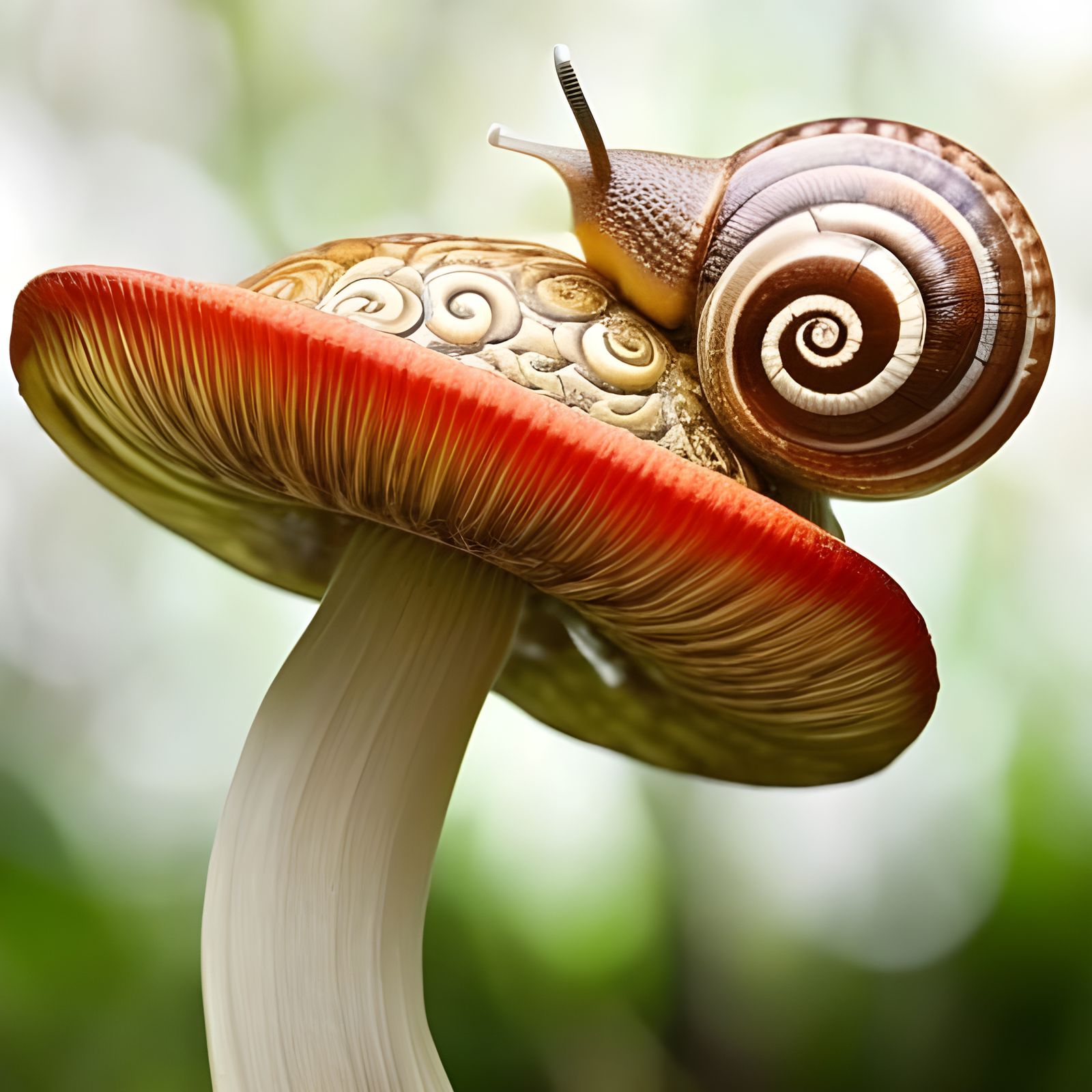 Intricate Snail on Mushroom, Hyperdetailed Digital Painting