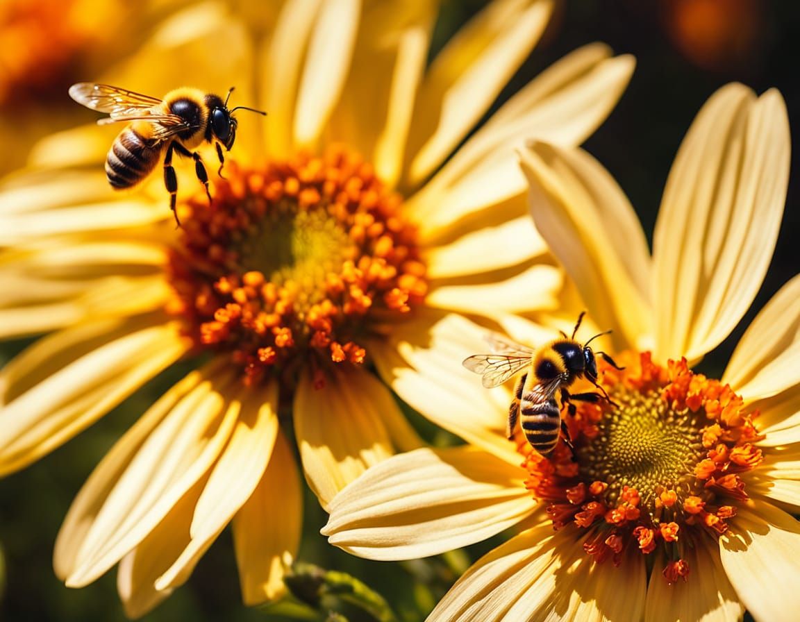 Vibrant Wildflowers Evoke Life with Bees in Macro Realism