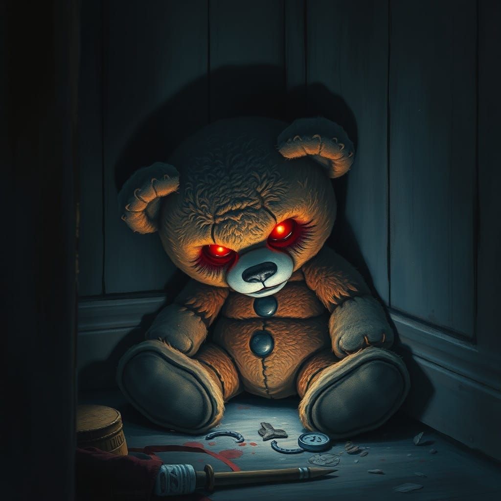 Evil Teddy Bear in Dark Attic