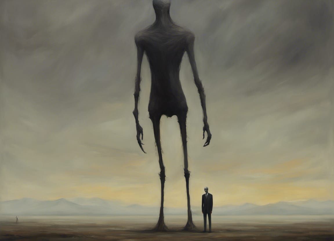 Creepy Giant in Empty Landscape: Surreal Oil Painting