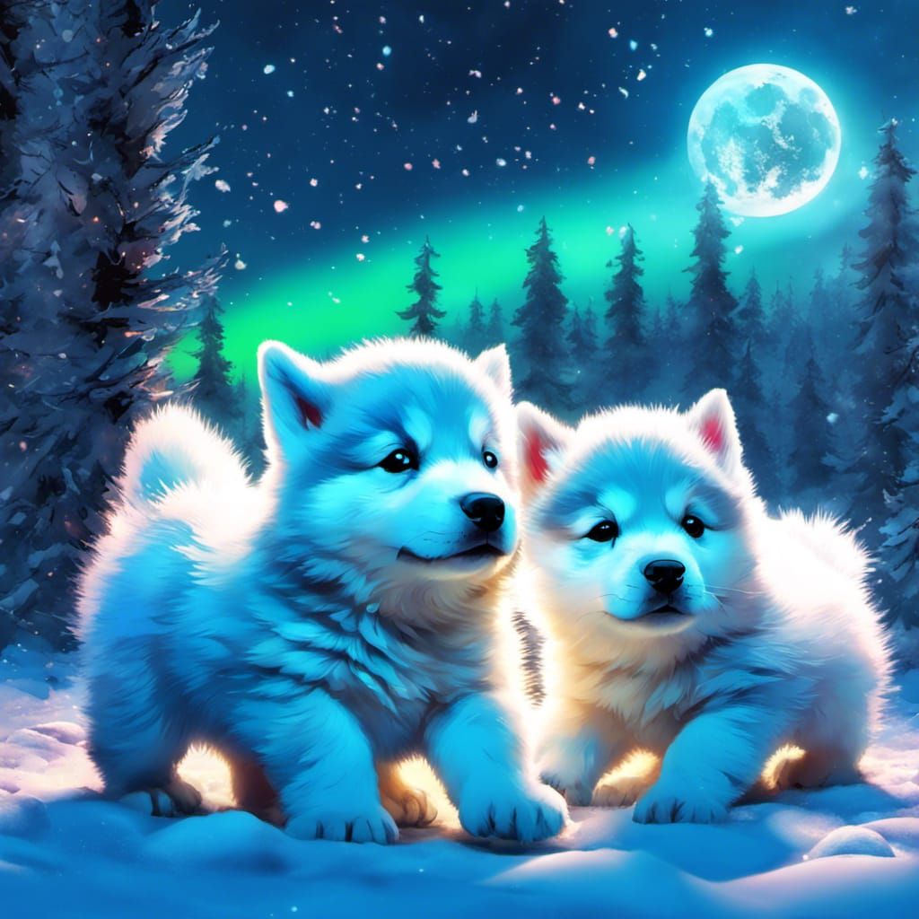 Aurora Borealis Constellation of Husky Puppies
