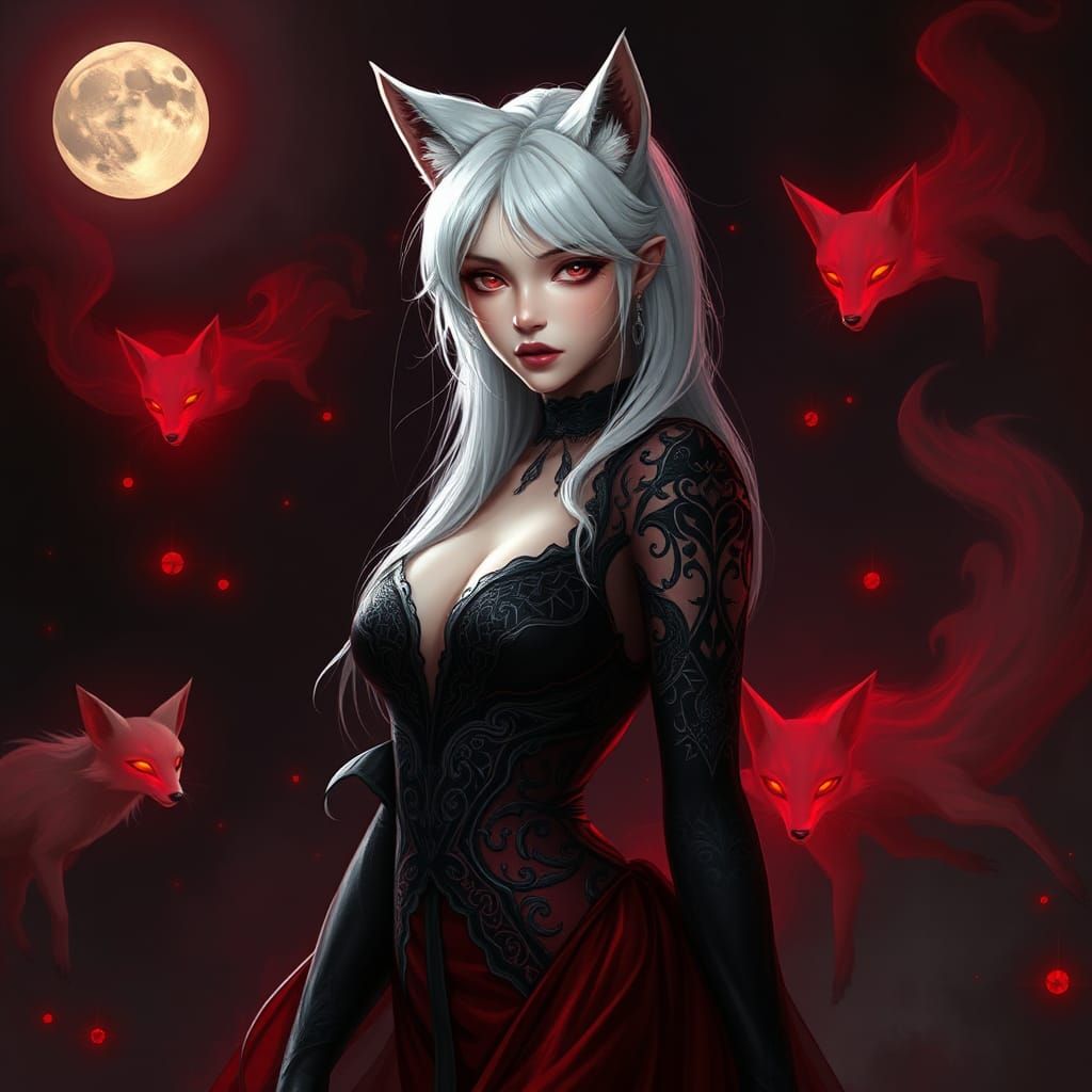 Enchanting Cat-Eared Woman in Mystical Realm