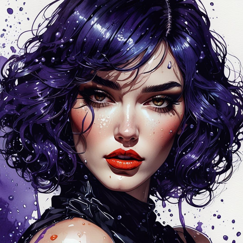 Glamorous Woman in Vibrant, Dripping Wet Watercolor Style