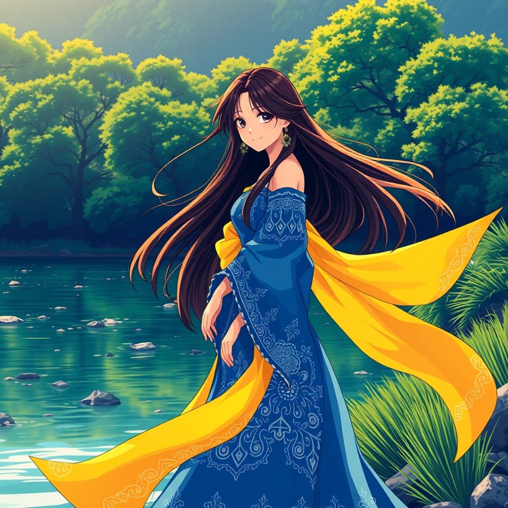 Elegant Woman at Riverbank in Anime Style