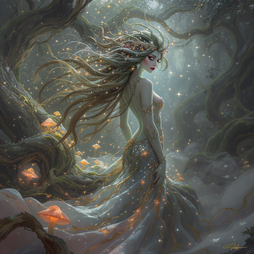 Majestic Forest Dryad with Starlight Hair in Digital Paintin...
