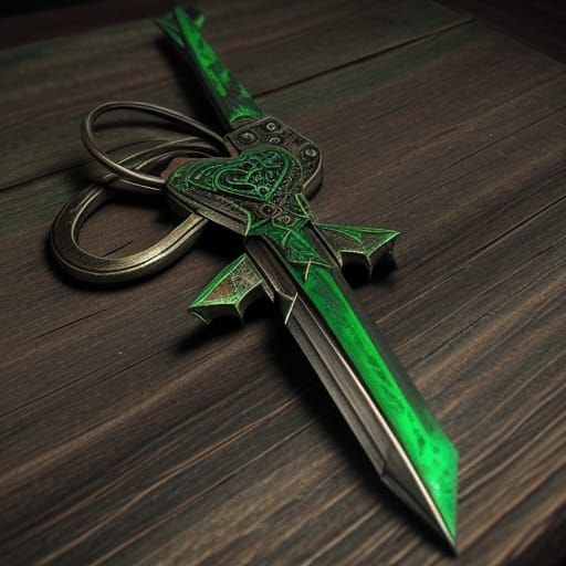 Epic Fantasy Keyblade with Emerald Accents in Rustic Wood Gr...