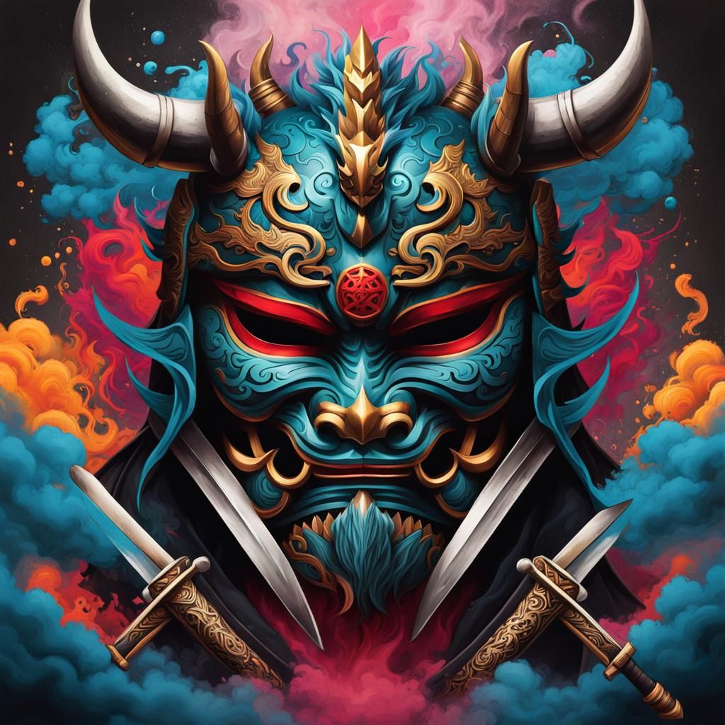Samurai Mask and Dragon Tattoo Art