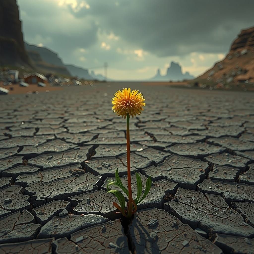 Resilient Gold Dandelion in Hyper-Realistic Post-Apocalyptic...
