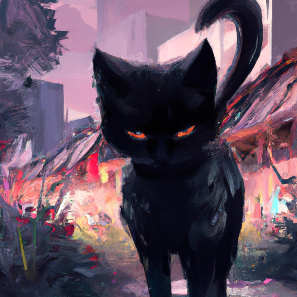 Hyperdetailed Black Cat in Japanese Landscape
