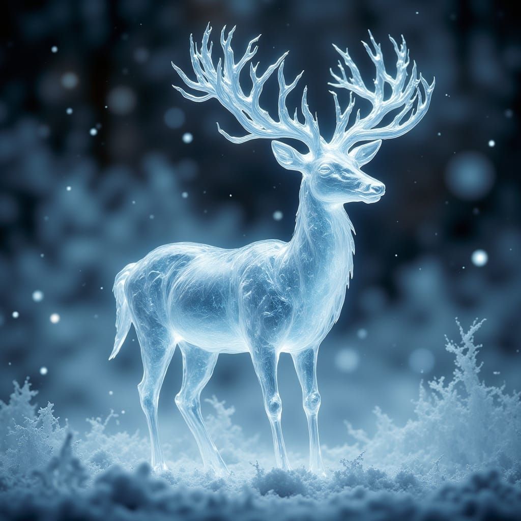 Ethereal Ice Deer with Glowing Antlers in Snow Mist