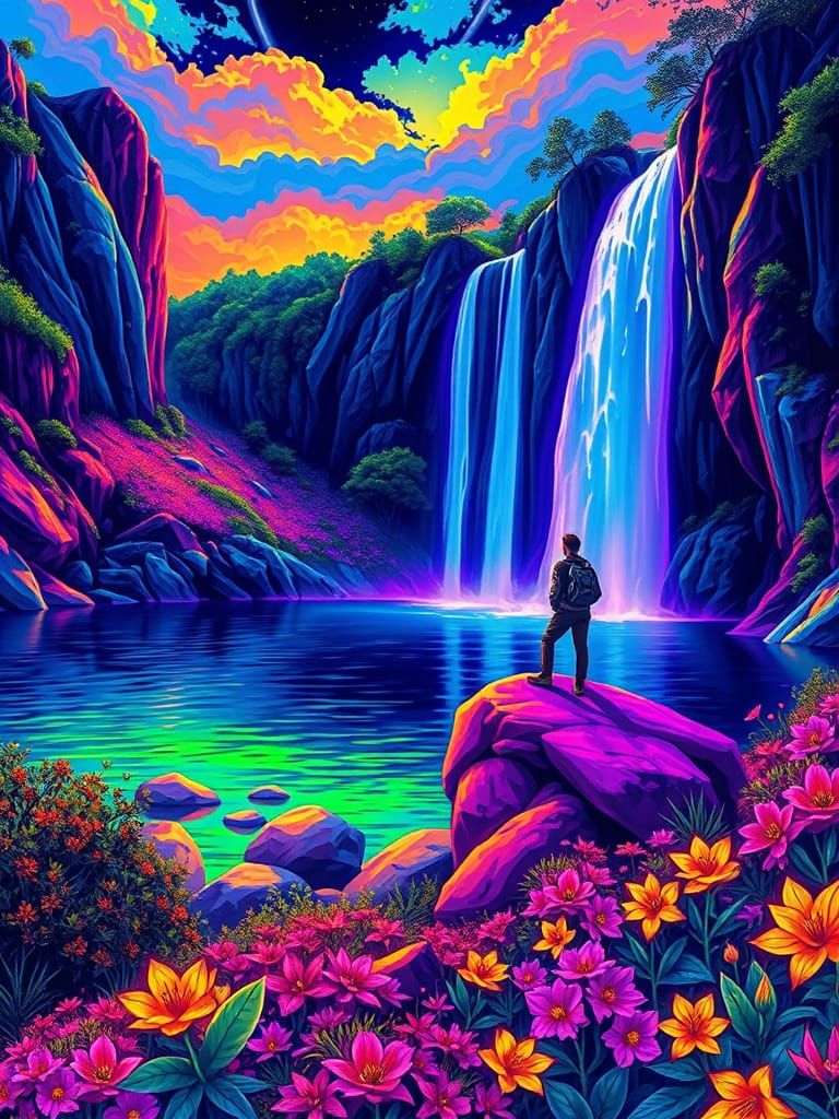 Electric Waterfall in Vibrant Neon Line Art