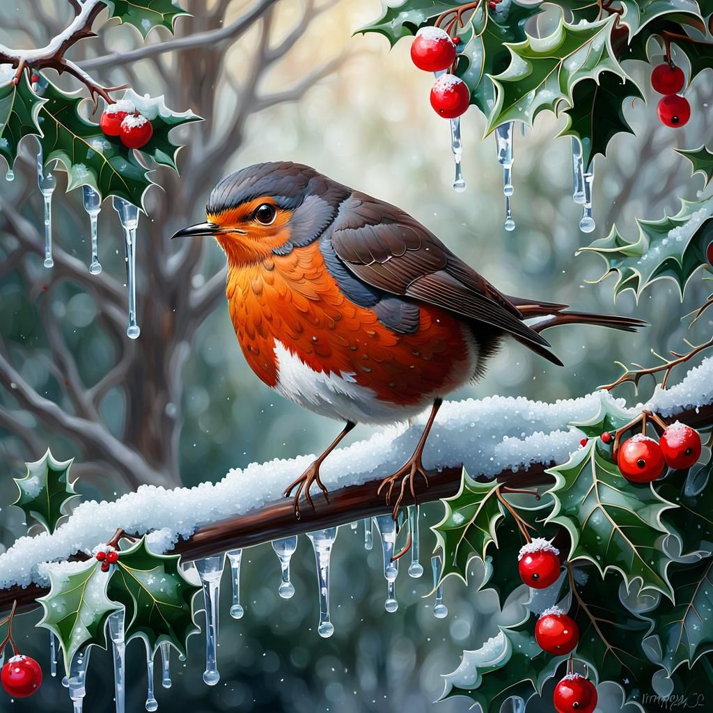 Robin on Holly Bush in Wintery Impasto Scene
