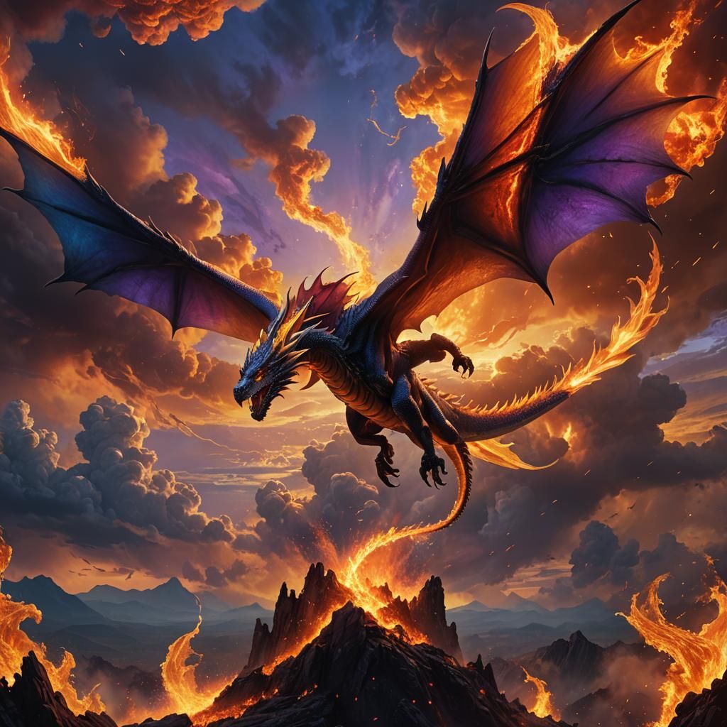 Dragon Flying in Fiery Sky Digital Painting