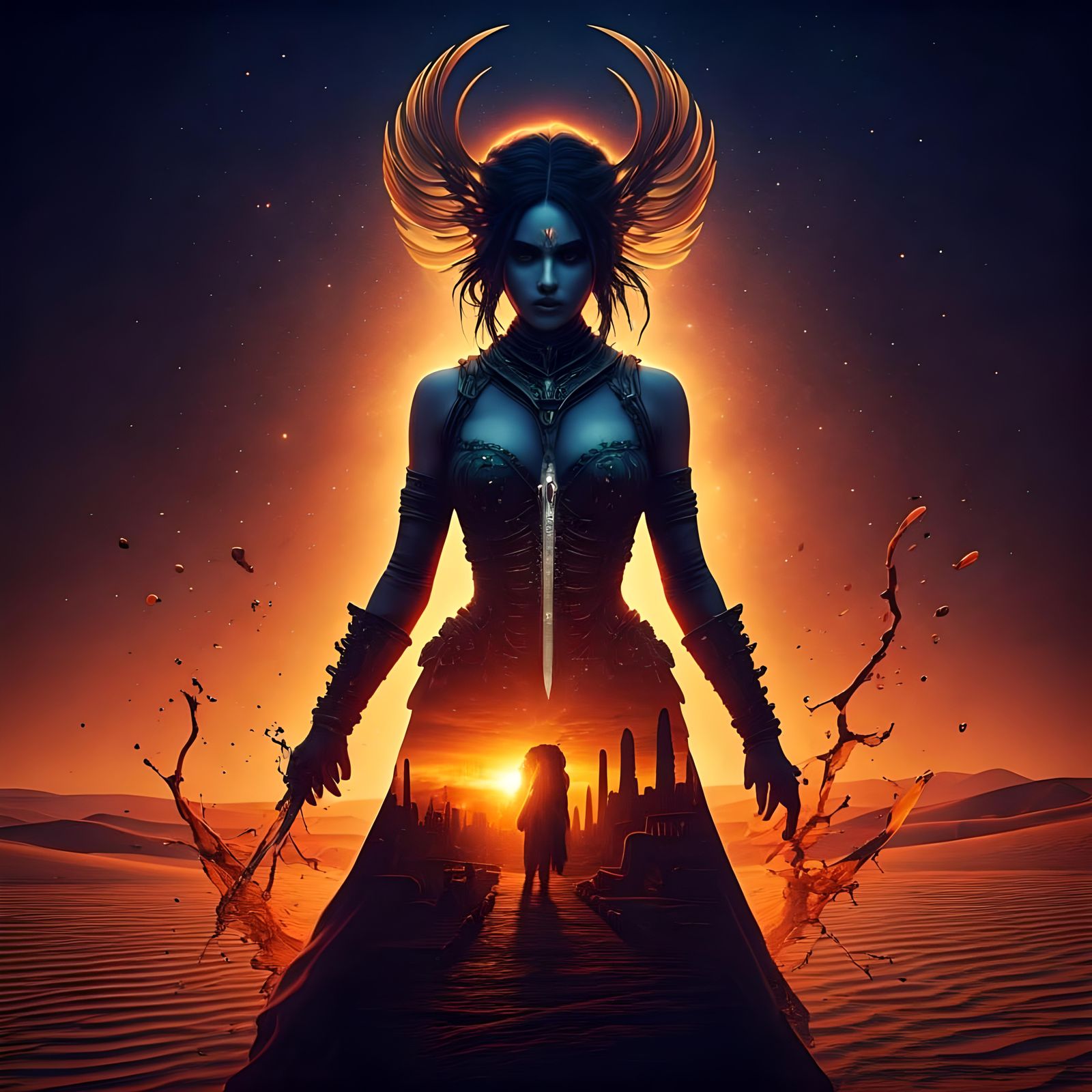 Warrior Woman Silhouette in Steampunk Desert City