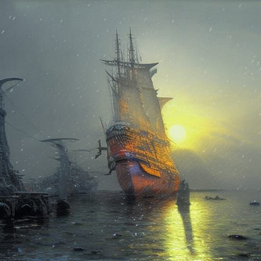 Futuristic Pirate Ship in Snowy Bay at Sunset