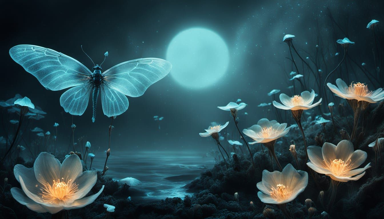 Cyborg Angel of Death in Bioluminescent Garden