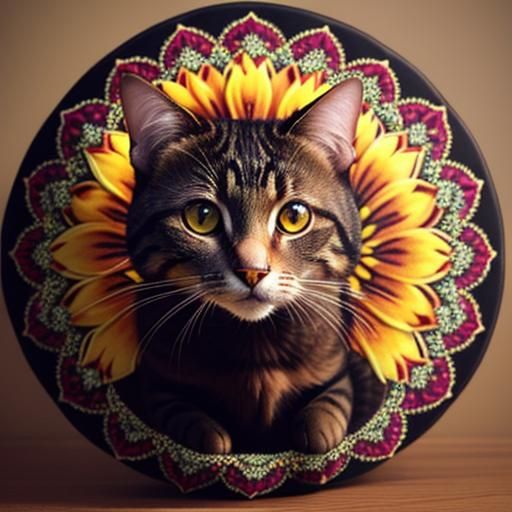 Sunflower Mandala Cat Portrait in Digital Art Style