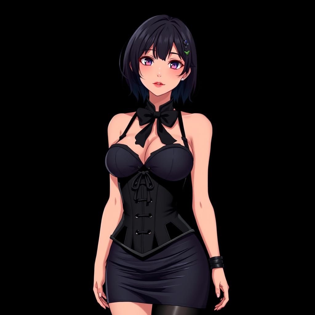 Anime Asian Woman in Latex Corset Against Black Backdrop