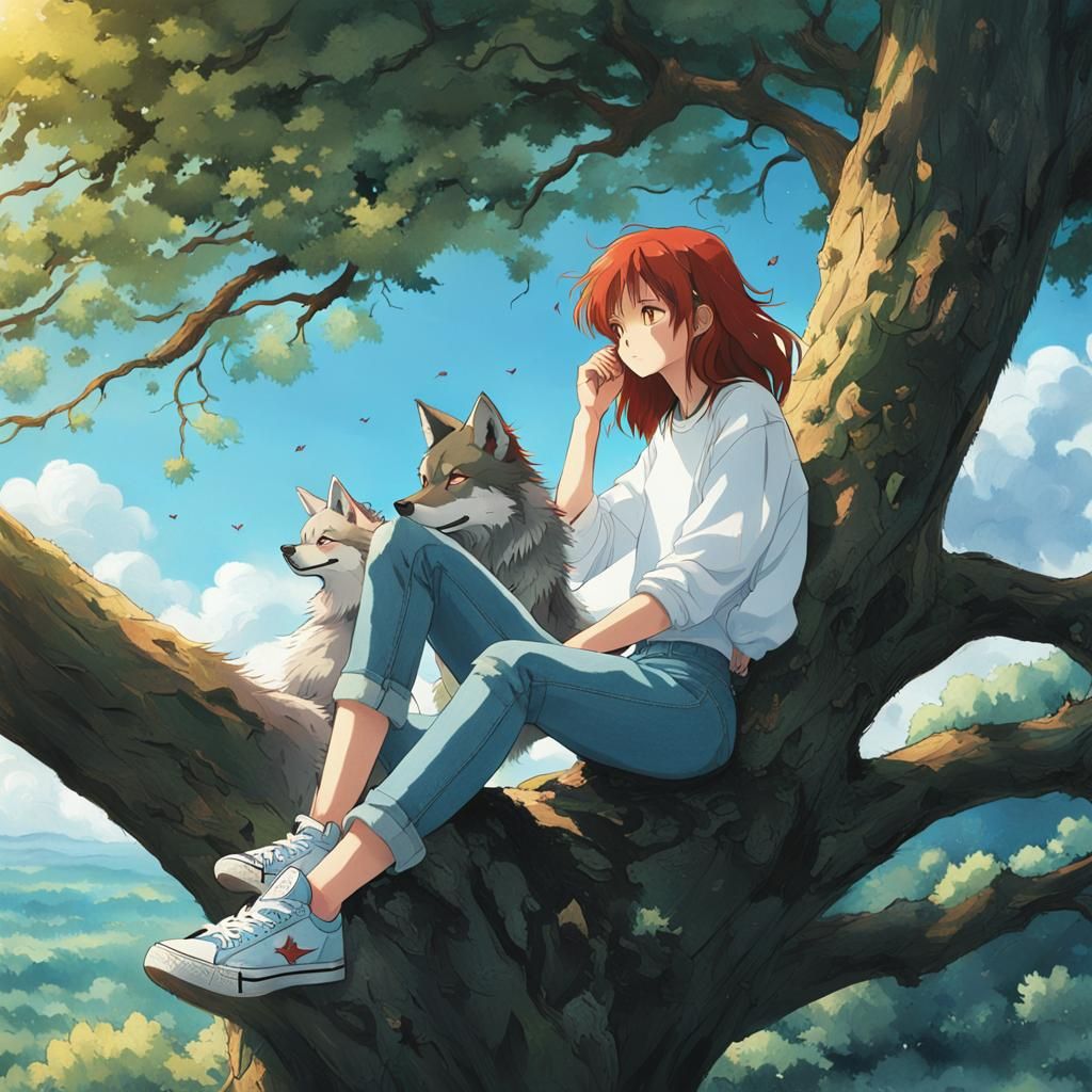 Anime Girl with Red Hair in Tree, Ghibli Style
