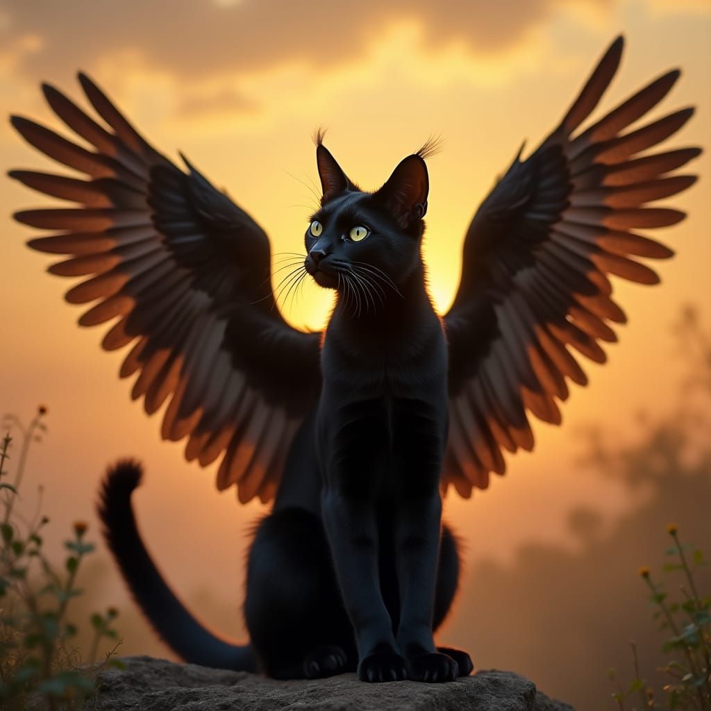 Majestic Winged Black Bobcat at Sunset