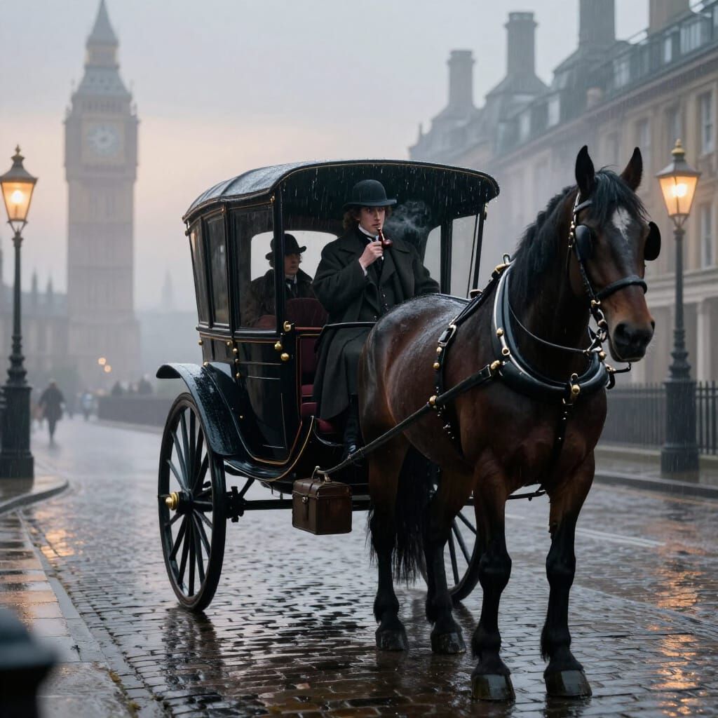 Sherlock Holmes and Watson in Foggy Victorian London