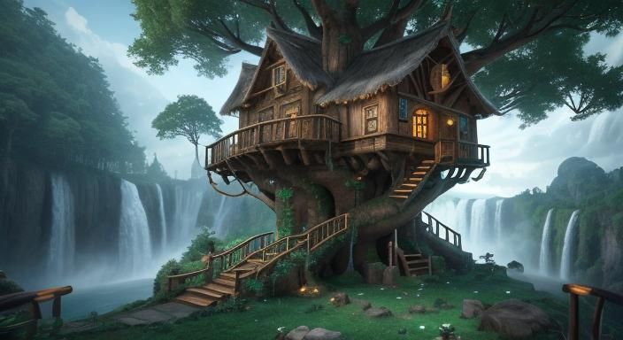 Elven Treehouse Village in Giant Tree, Photorealistic