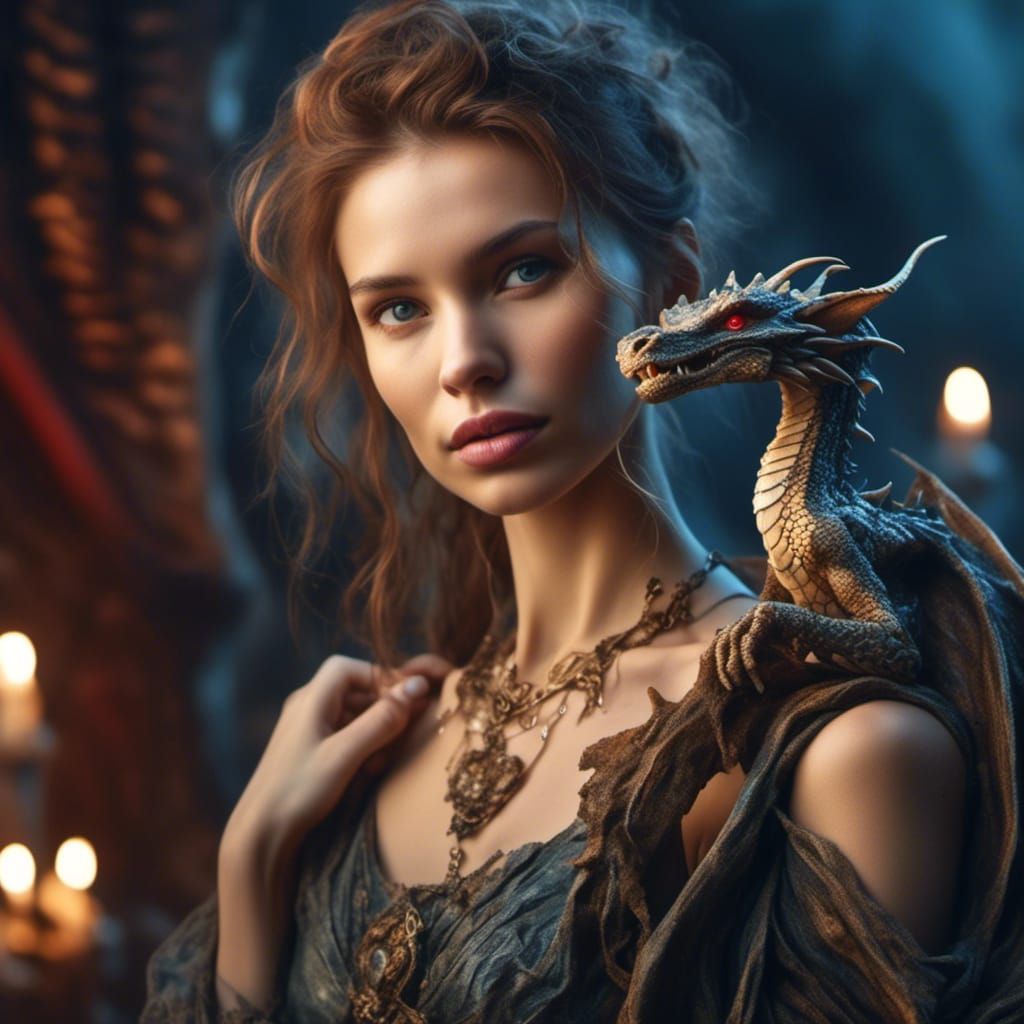 Woman with Red Dragon: Hyperrealistic Shoulder Portrait