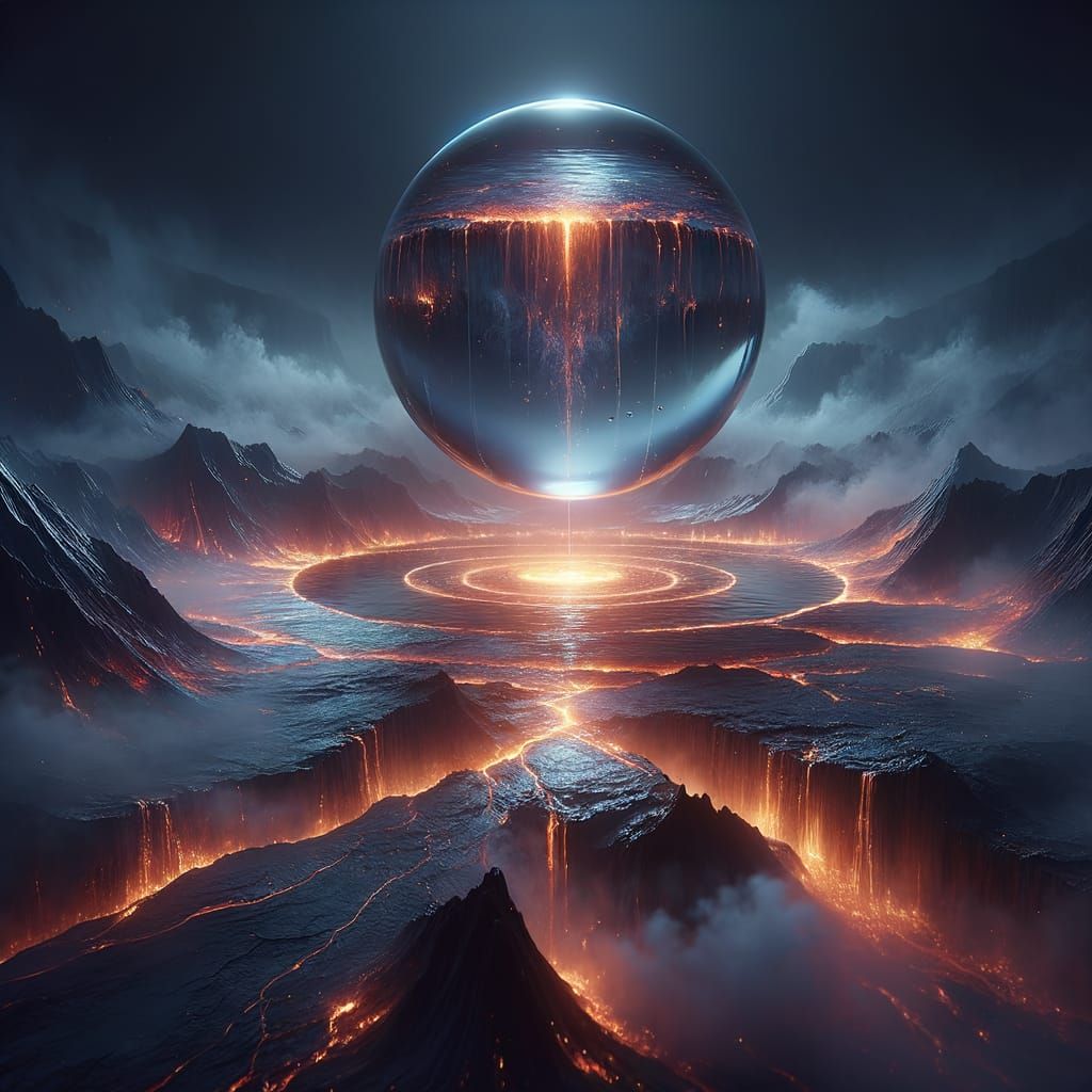 Water Orb Over Smoky Volcano: Dark Fantasy