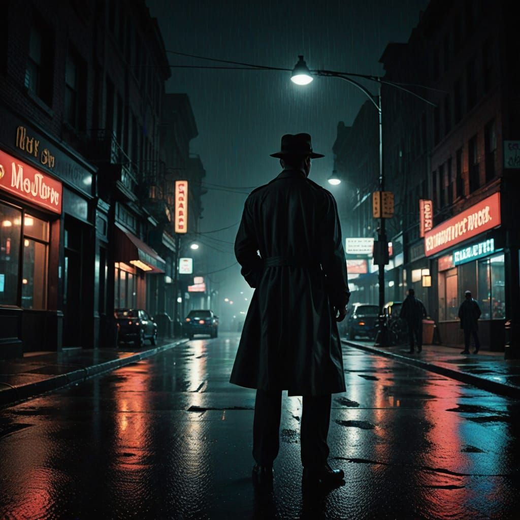Noir Detective in Rain-Soaked City