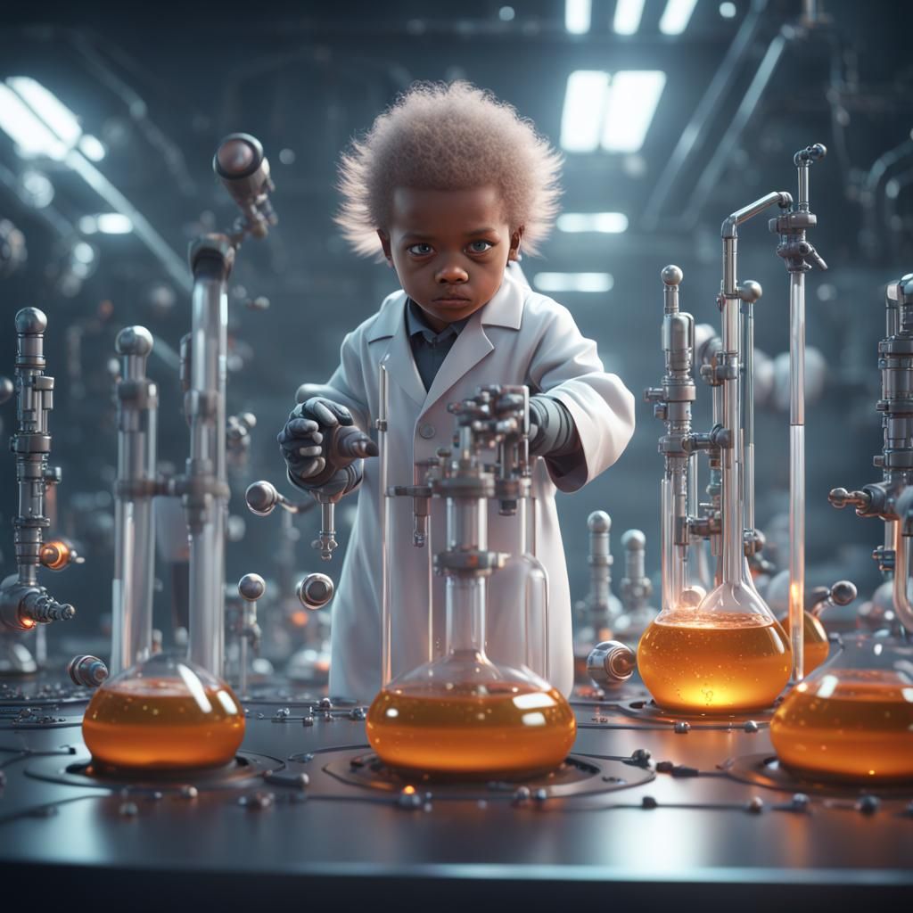 Toddler Mad Scientist in Sci-Fi Lab