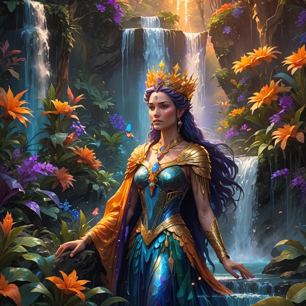 Ethereal Queen by Iridescent Waterfall: Fantasy Art