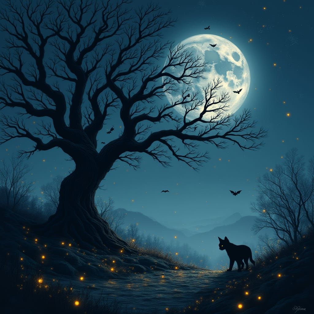 Moonlit Serenity: Ancient Tree Under Celestial Throne
