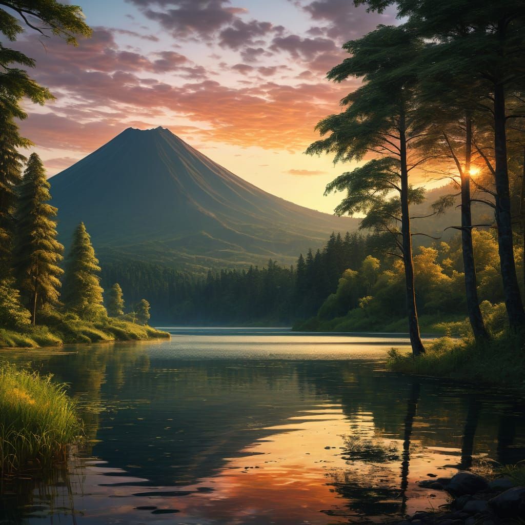 Ethereal Landscape with Volcano and Lake