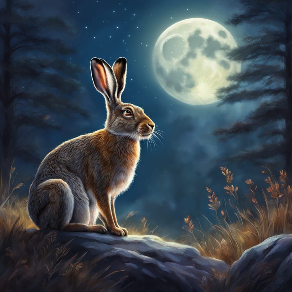 Majestic Hare Under Moonlight: A Digital Oil Painting