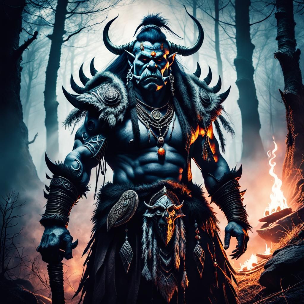 Orc Shaman Chanting in Misty Forest: Dark Fantasy Art