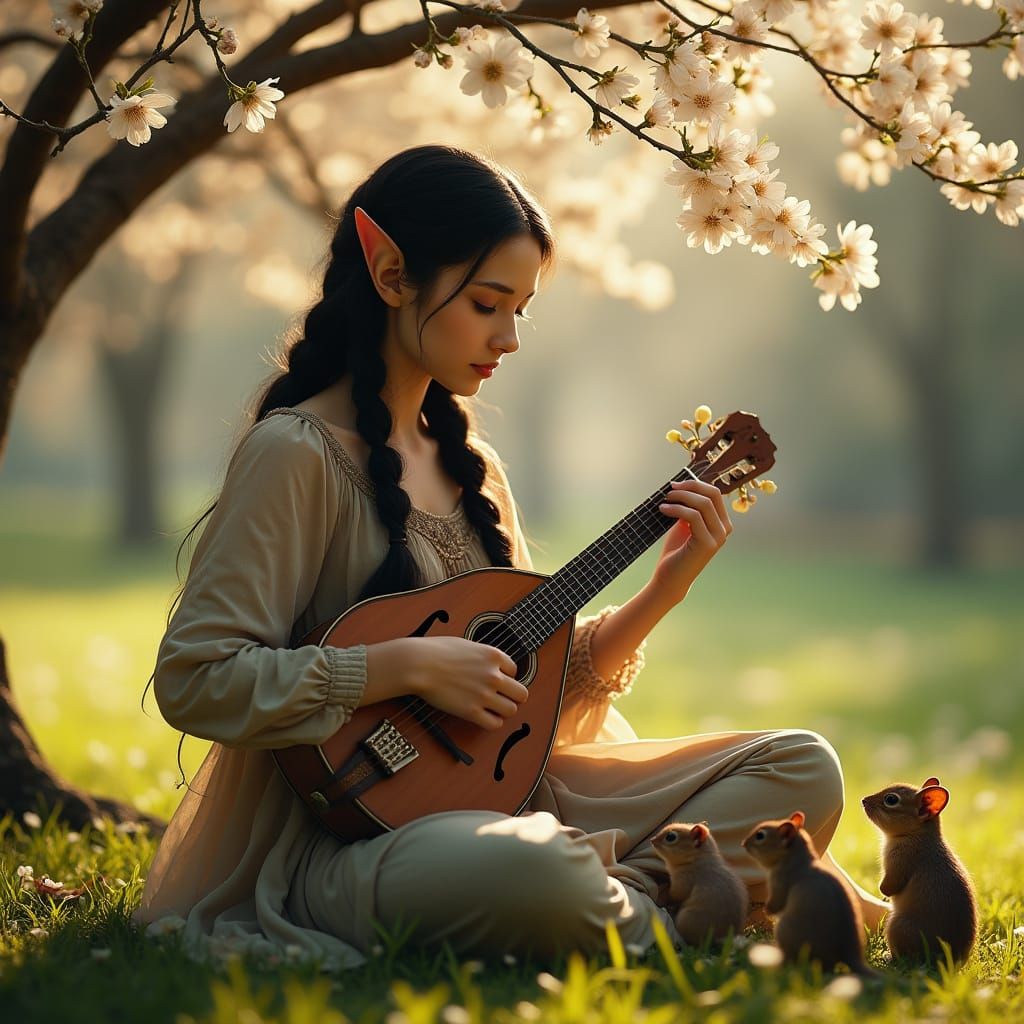 Elven Woman Plays Mandolin Under Spring Tree