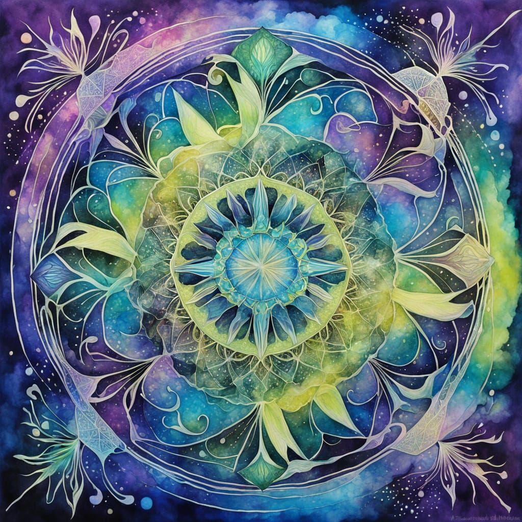 Psychedelic Watercolor Mandala with Cosmic Forms